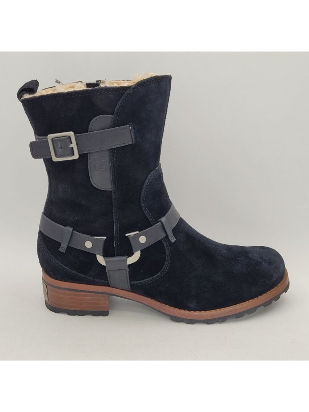 Ugg Australia Endell Womens 7.5 Black Suede Shearling Lined Moto Boots 9" NICE - Picture 5 of 16